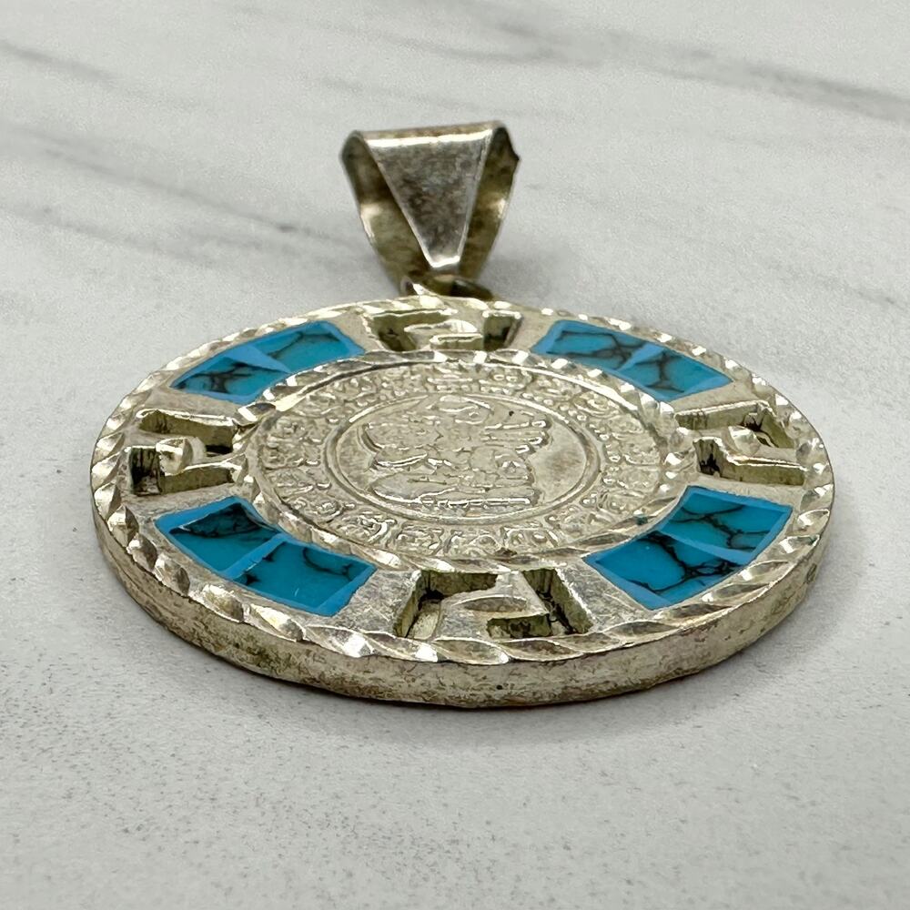 Vintage Sterling Silver 925 Reversible Mayan Calendar Inlay Pendant ✨ - Picture 8 of 12